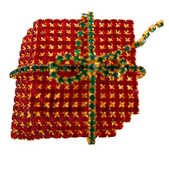 Vintage Christmas Present Gift Pin Brooch Red Rhinestones With Bow - Picture 1 of 6